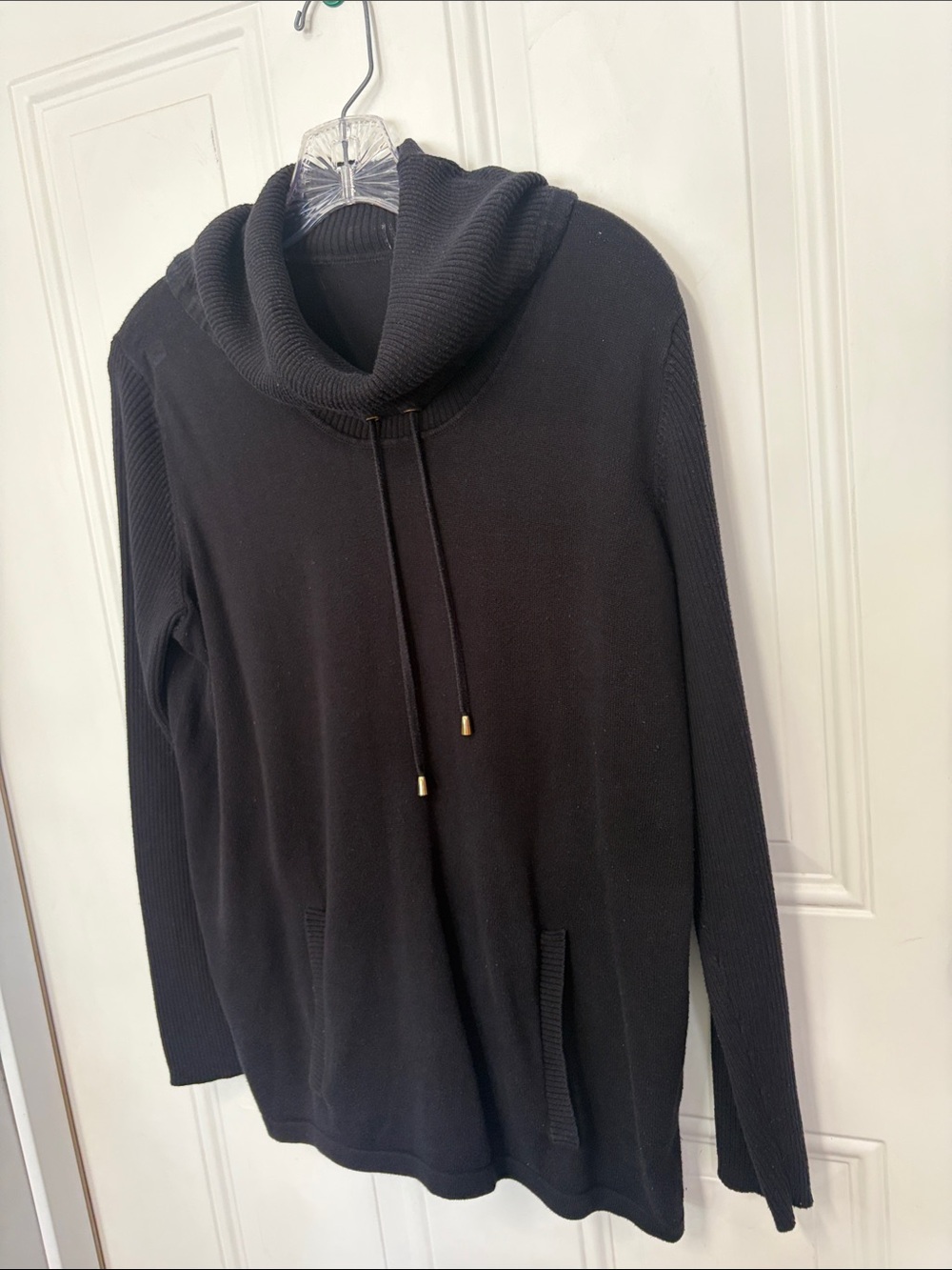 Cowl Neck Sweater with Pocket & Drawstring